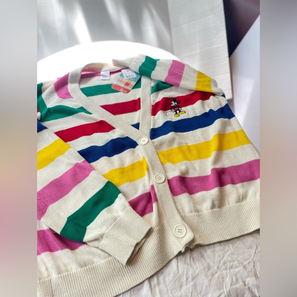 Disney Multicolor Striped Cotton Cardigan with Mickey Embroidery - Cream Base